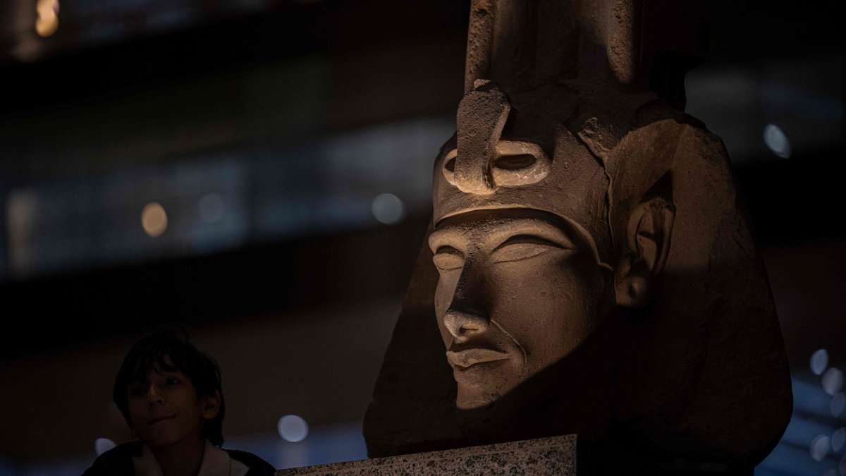 A visitor tours the Grand Egyptian Museum in Giza on the southwestern outskirts of the capital Cairo, Egypt, Feb. 7, 2025. (AFP Photo)