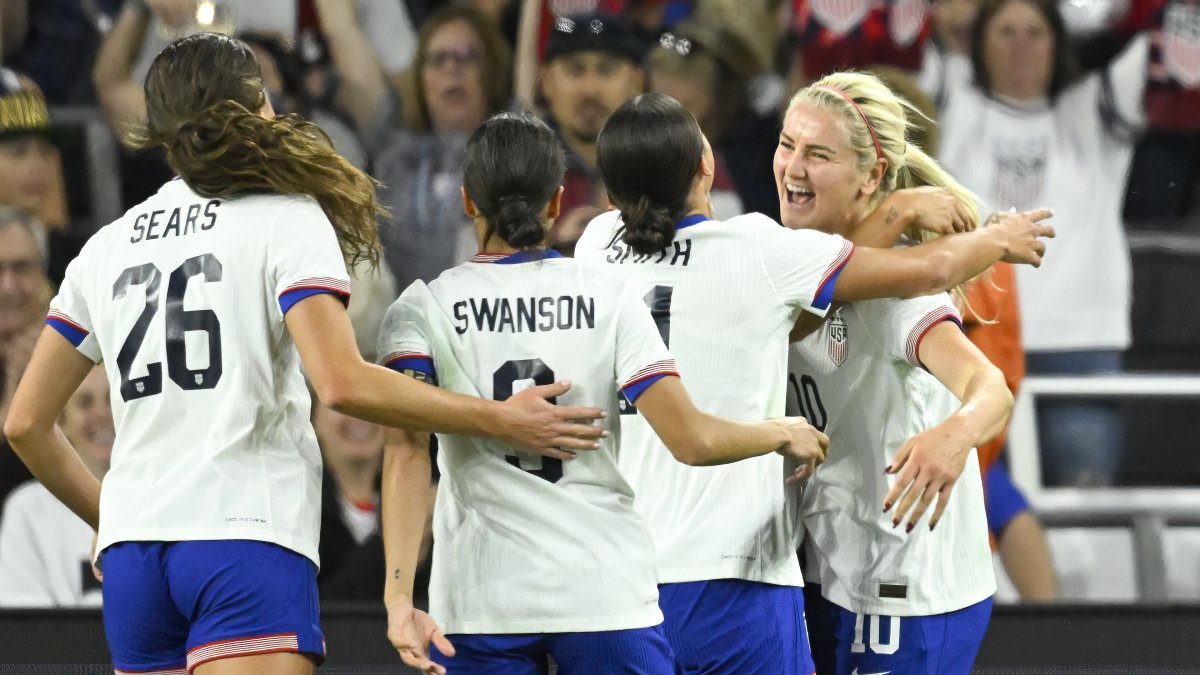 USWNT players celebrate during the 2nd half of an international friendly women's football match against Iceland, Nashville, U.S., Oct. 27, 2024. (AP Photo)