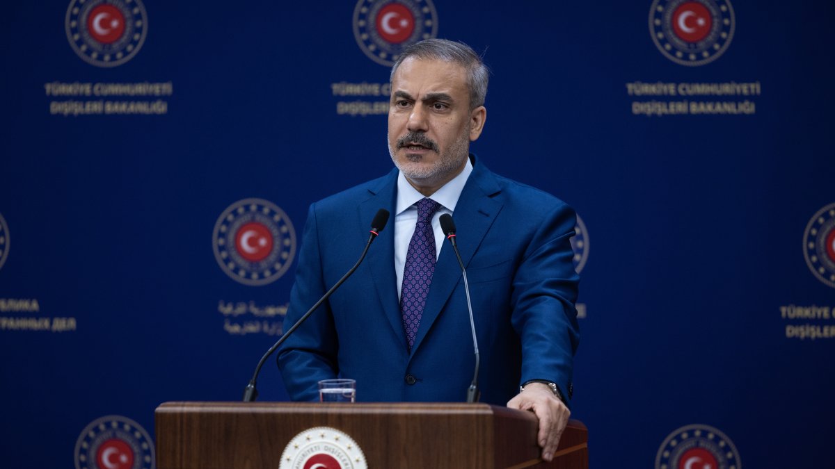 Foreign Minister Hakan Fidan speaks at a news conference, Ankara, Türkiye, Feb. 26, 2025. (AA Photo)