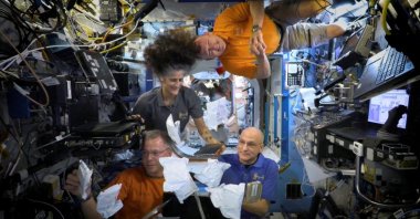 NASA astronauts Sunita Williams, Nick Hague, Barry Wilmore and Donald Pettit unbox meals at the International Space Station (ISS) in this screen grab taken from a handout video, released on Nov. 26, 2024. (Reuters Photo)