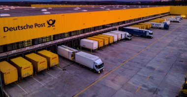 An aerial picture taken with a drone shows the Deutsche Post DHL shipping center in Bochum, Germany, Dec. 4, 2020. (EPA Photo)