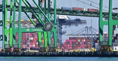 Shipping containers are stacked high at the Port of Long Beach, as U.S. President Donald Trump&#039;s tariffs on Canada and Mexico take effect, Long Beach, California, U.S., March 4, 2025. (AFP Photo)
