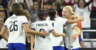 USWNT players celebrate during the 2nd half of an international friendly women&#039;s football match against Iceland, Nashville, U.S., Oct. 27, 2024. (AP Photo)