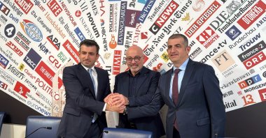 Baykar Chairperson and CTO Selçuk Bayraktar (L), Leonardo CEO Roberto Cingolani (C) and Baykar CEO Haluk Bayraktar sign a MoU agreement, Rome, Italy, March 6, 2025. (AA Photo)