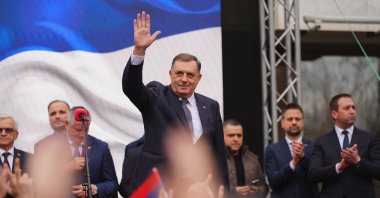 President of Republika Srpska Milorad Dodik waves to his supporters in Banja Luka, Bosnia-Herzegovina, Feb. 26, 2025. (EPA Photo)