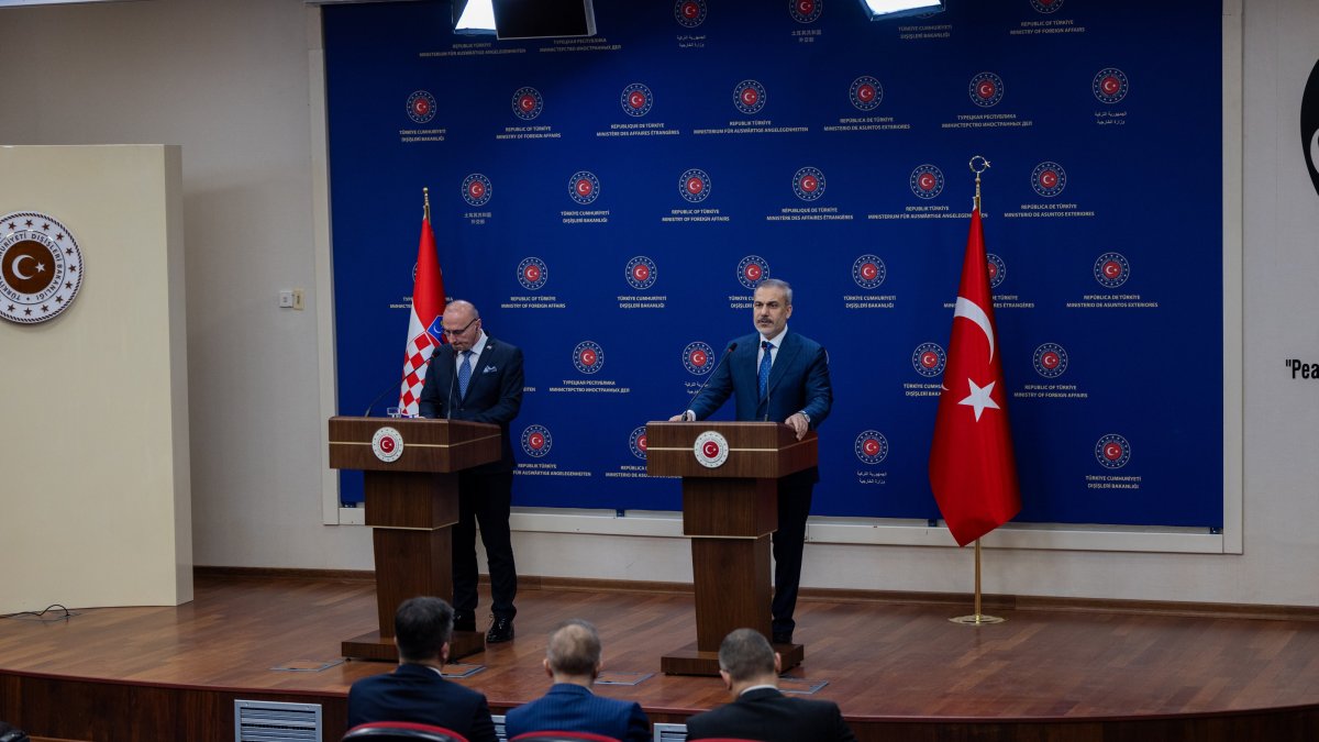 Foreign Minister Hakan Fidan is seen during a news conference with his Croatian counterpart in the ministry, Ankara, Türkiye, March 6, 2025. (AA Photo)
