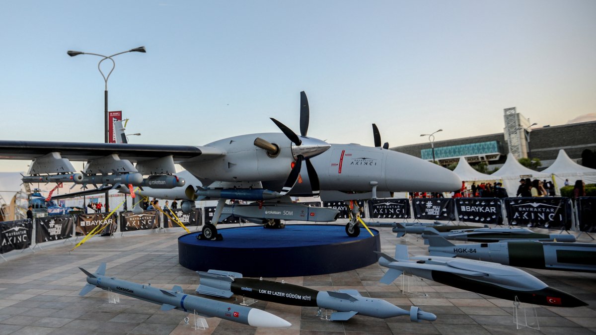 A Bayraktar Akıncı unmanned combat aerial vehicle is exhibited at Teknofest aerospace and technology festival, Baku, Azerbaijan, May 27, 2022. (Reuters Photo)