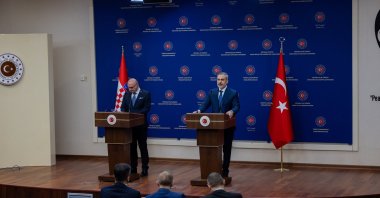 Foreign Minister Hakan Fidan is seen during a news conference with his Croatian counterpart in the ministry, Ankara, Türkiye, March 6, 2025. (AA Photo)
