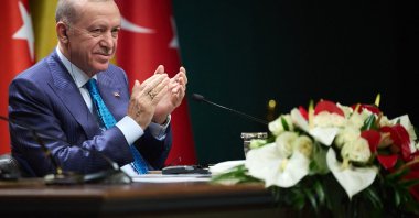 President Recep Tayyip Erdoğan applauds during a joint news conference with Ukrainian President Volodymyr Zelenskyy, Ankara, Türkiye, Feb. 18, 2025. (AFP Photo)