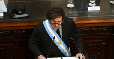 Argentina's President Javier Milei gestures as he speaks during the inauguration of the 143rd ordinary session of Congress at the National Congress, Buenos Aires, Argentina, March 1, 2025. (AFP Photo)