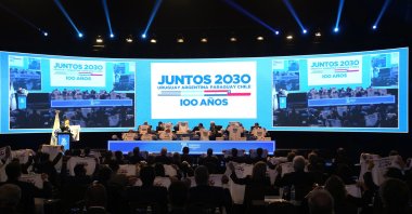 Presidents of South American associations hold T-shirts that show support for their campaign to host the 2030 World Cup in South America, at the 76th Conmebol Annual Congress, Luque, Paraguay, March 31, 2023. (AP Photo)