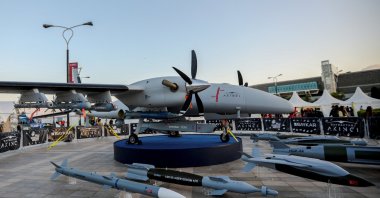 A Bayraktar Akıncı unmanned combat aerial vehicle is exhibited at Teknofest aerospace and technology festival, Baku, Azerbaijan, May 27, 2022. (Reuters Photo)