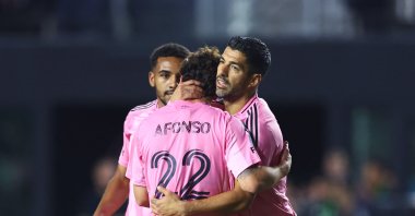 Inter Miami's Luis Suarez (R) celebrates with his teammates after scoring the team's second goal during the 2025 CONCACAF Champions Cup round of 16 first leg match against Cavalier SC at Chase Stadium, Fort Lauderdale, U.S., March 6, 2025. (AFP Photo)