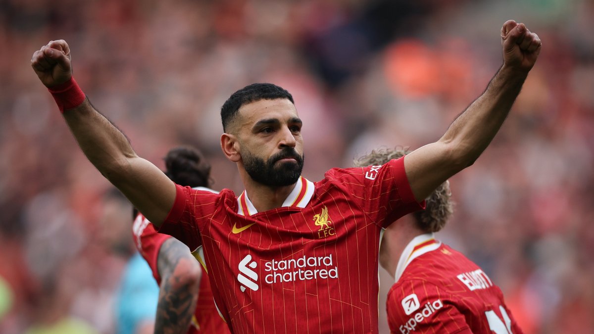 Liverpool&#039;s Mohamed Salah celebrates scoring his second goal in a Premier League match against Southampton in Liverpool, U.K., March 8, 2025. (EPA Photo)