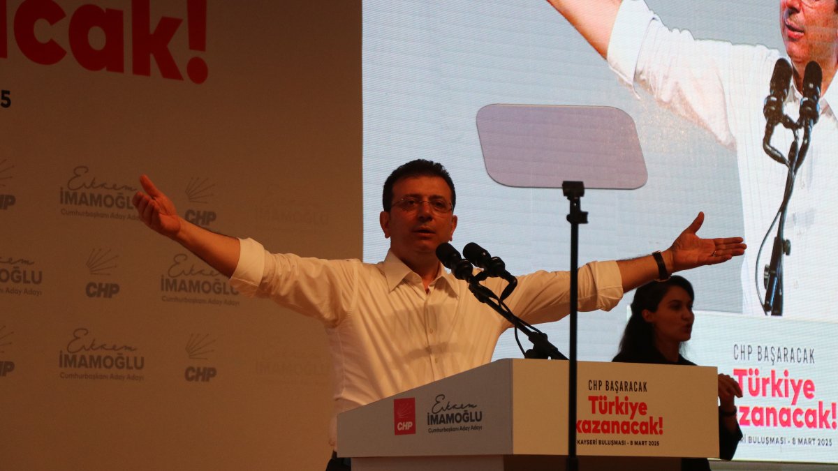 Istanbul Mayor Ekrem Imamoğlu speaks at an event in Kayseri, central Türkiye, March 8, 2025. (DHA Photo)