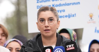 Harassed Justice and Development Party (AK Party) municipal assembly member Elif Lale Bilgili speaks at an event in Istanbul, Türkiye, March 8, 2025. (AA Photo)
