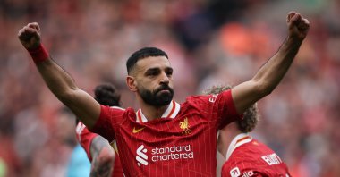 Liverpool&#039;s Mohamed Salah celebrates scoring his second goal in a Premier League match against Southampton in Liverpool, U.K., March 8, 2025. (EPA Photo)