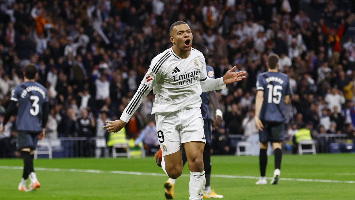 Real Madrid&#039;s Kylian Mbappe celebrates scoring their first goal during a La Liga match against Rayo Vallecano at the Santiago Bernabeu, Madrid, Spain, March 9, 2025. (Reuters Photo)