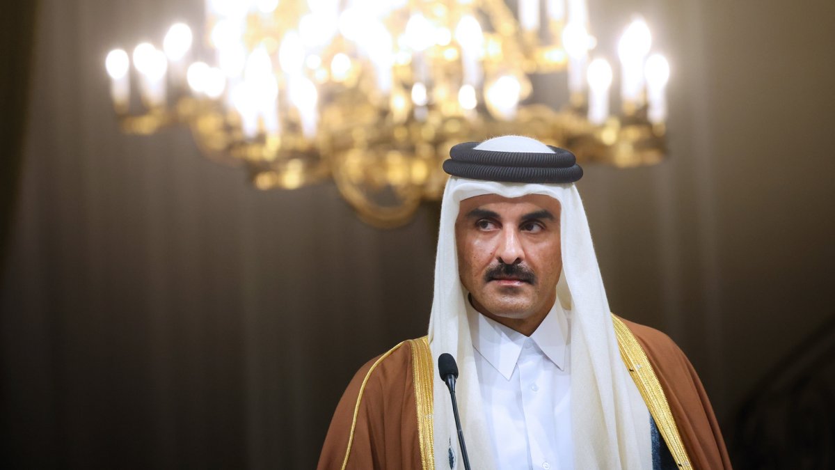 A handout photo made available by the Iranian Presidential Office shows the emir of Qatar, Sheikh Tamim bin Hamad Al Thani, during a joint news conference with the Iranian president, Tehran, Iran, Feb. 19, 2025. (EPA Photo)