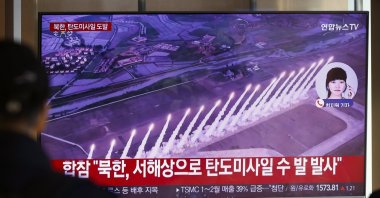 A man watches a television news segment on a recent North Korean missile launch, at a station, Seoul, South Korea, March 10, 2025. (EPA Photo)