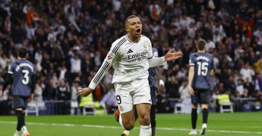 Real Madrid&#039;s Kylian Mbappe celebrates scoring their first goal during a La Liga match against Rayo Vallecano at the Santiago Bernabeu, Madrid, Spain, March 9, 2025. (Reuters Photo)