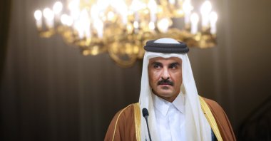 A handout photo made available by the Iranian Presidential Office shows the emir of Qatar, Sheikh Tamim bin Hamad Al Thani, during a joint news conference with the Iranian president, Tehran, Iran, Feb. 19, 2025. (EPA Photo)