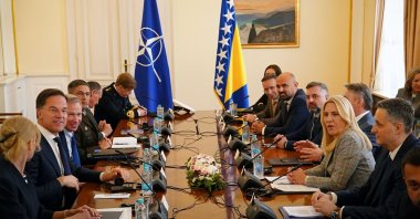 Members of the tripartite Presidency of Bosnia-Herzegovina, Zeljko Komsic, Denis Becirovic, and Zeljka Cvijanovic, pose for a photo with NATO Secretary-General Mark Rutte during their meeting in Sarajevo, Bosnia-Herzegovina, March 10, 2025. (EPA Photo)