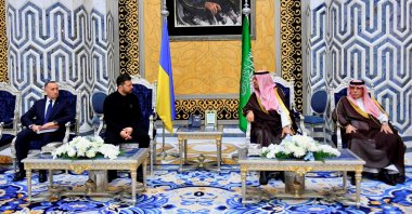 Deputy Governor of the Holy City of Mecca Prince Saud bin Mishaal bin Abdulaziz meets Ukrainian President Volodymyr Zelenskyy during his visit to Jeddah, Saudi Arabia, March 10, 2025. (Saudi Press Agency/Handout via Reuters)