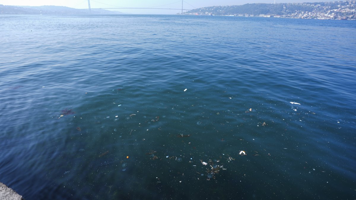 A view from the seaside in the Çengelköy neighborhood shows the polluted Bosporus in Istanbul’s Üsküdar district, Türkiye, March 10, 2025. (AA Photo)