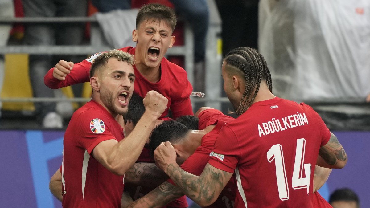 Türkiye&#039;s national team players celebrate after a goal during a Group F match against Georgia at the Euro 2024, Dortmund, Germany, June 18, 2024. (AP Photo)