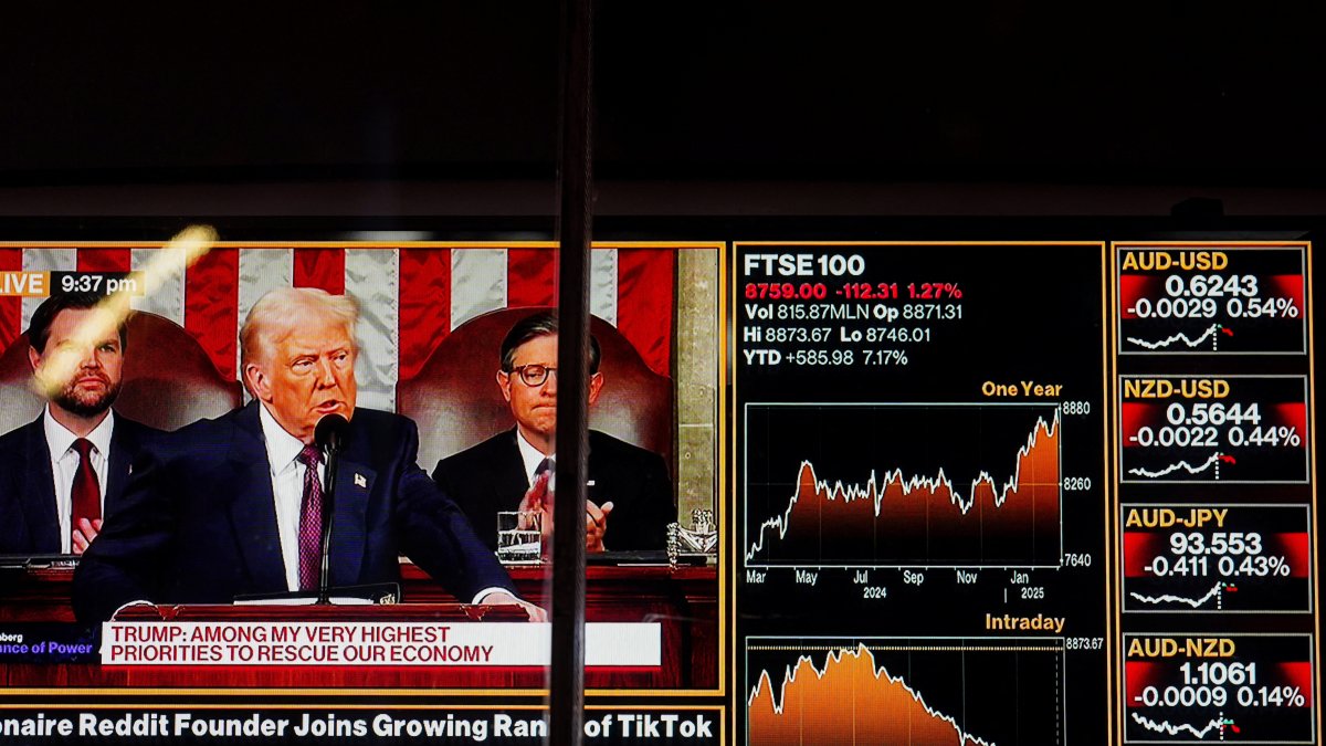 A television shows U.S. President Donald Trump&#039;s address to a joint session of Congress at the Nasdaq Marketplace in Times Square, New York City, U.S., March 4, 2025. (Reuters Photo)