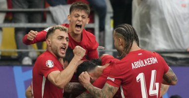 Türkiye&#039;s national team players celebrate after a goal during a Group F match against Georgia at the Euro 2024, Dortmund, Germany, June 18, 2024. (AP Photo)