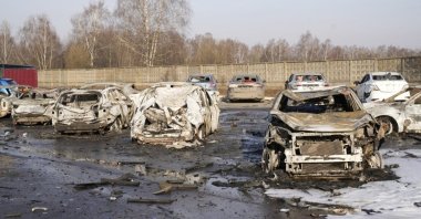Cars destroyed in Ukraine&#039;s drone attack are seen in Domodedovo in the Moscow region, Russia, March 11, 2025. (Reuters Photo)