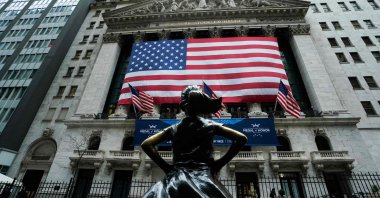 An American flag is displayed on the facade of the New York Stock Exchange (NYSE), New York City, U.S., March 5, 2025. (AFP Photo)