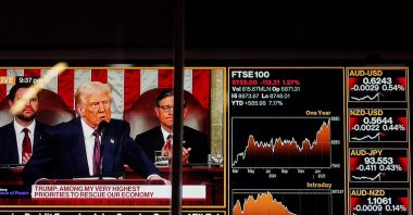 A television shows U.S. President Donald Trump&#039;s address to a joint session of Congress at the Nasdaq Marketplace in Times Square, New York City, U.S., March 4, 2025. (Reuters Photo)