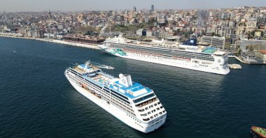 An aerial view of cruise ships docked close to Galataport, Istanbul, Türkiye. (DHA Photo)
