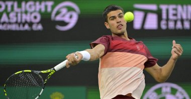 Spain&#039;s Carlos Alcaraz hits a shot as he defeated Denis Shapovalov in his third round match at the BNP Paribas Open at the Indian Well Tennis Garden, Indian Wells, U.S., March 10, 2025. (Reuters Photo)