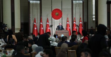 President Recep Tayyip Erdoğan speaks at a solidarity iftar with Palestinians in Ankara, March 11, 2025. (AA Photo)
