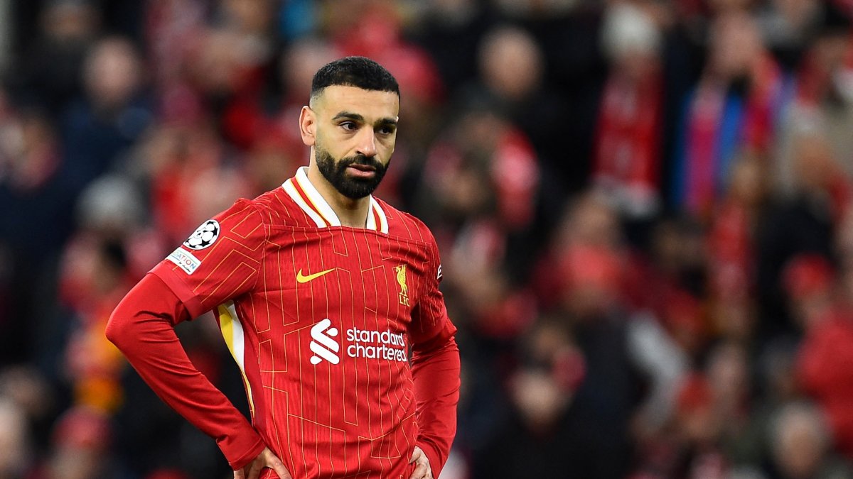 Liverpool&#039;s Mohamed Salah reacts during the Champions League round of 16 second leg match against Paris Saint-Germain at Anfield, Liverpool, U.K., March 11, 2025. (Reuters Photo)