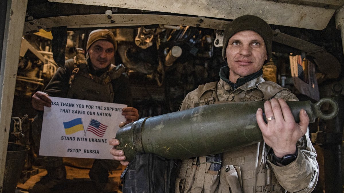 Ukrainian Soldiers hold a poster thanking the U.S. for support at the front line near Toretsk, Donetsk region, Ukraine, March 11, 2025. (AP Photo)