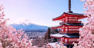 Chureito Pagoda and Mount Fuji, a famous landmark during spring, in Japan. (Shutterstock Photo)
