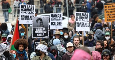 People gather outside of a New York court to protest the arrest and detention of Mahmoud Khalil at Foley Square, March 12, 2025. (AFP Photo)