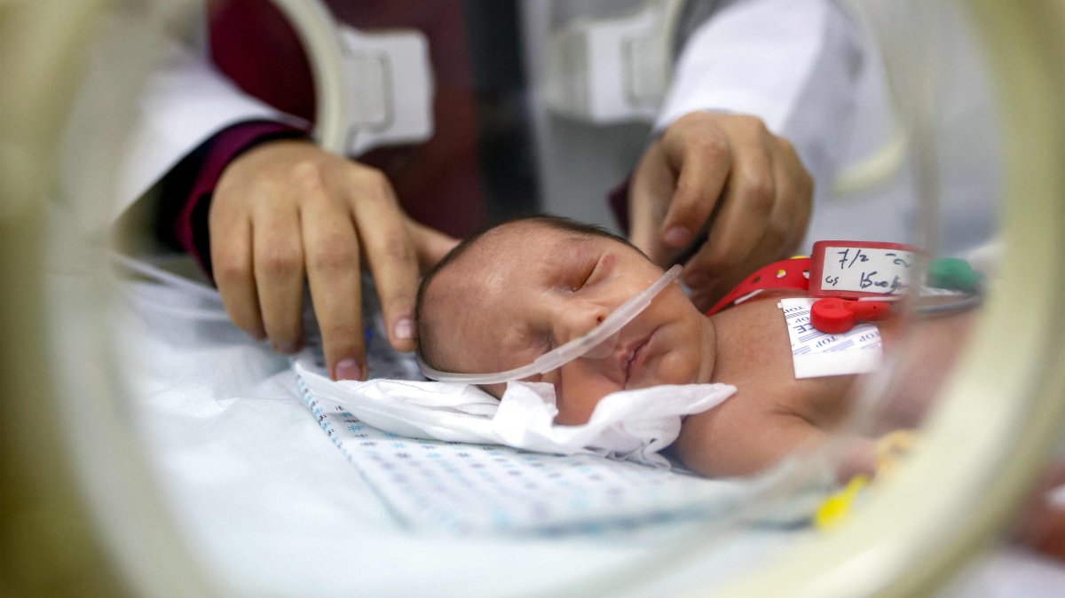 A prematurely-born infant receives care while lying in an incubator at the neonatal intensive care unit (NICU) at the Patient Friend&#039;s Benevolent Society hospital in Gaza City, Gaza, Palestine, Feb. 25, 2025. (AFP Photo)