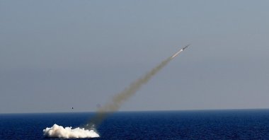 Anti-ship cruise missile Atmaca, developed by Turkish defense firm Rokestan, is seen airborne after being launched from underwater for the first time, Türkiye, March 12, 2025. (DHA Photo)