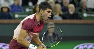 Spain's Carlos Alcaraz reacts after winning a point against Grigor Dimitrov in their fourth-round match during the BNP Paribas Open at the Indian Well Tennis Garden, Indian Wells, U.S., March 12, 2025. (Reuters Photo)