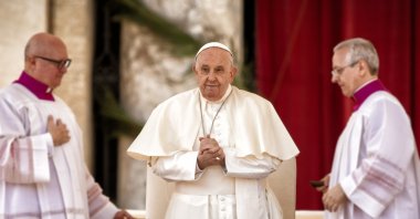 Pope Francis leads Palm Sunday Mass at St. Peter&#039;s Basilica, Vatican City, March 24, 2024. (Shutterstock Photo) 