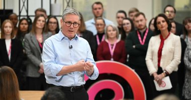 Britain's Prime Minister Keir Starmer gestures during a Q&amp;A session after delivering a speech on plans to reform the civil service during a visit to Reckitt Benckiser Health Care U.K. Ltd, Kingston upon Hull, U.K, March 13, 2025. (AFP Photo)