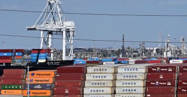 Shipping containers are stacked high at the Port of Long Beach in Long Beach, California, U.S.,  March 4, 2025. (AFP Photo)
