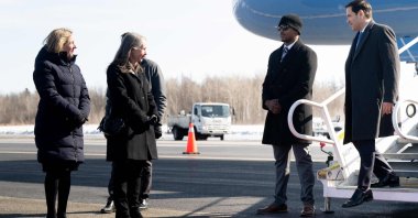 U.S. Secretary of State Marco Rubio disembarks from a military airplane upon arrival in Quebec, Canada, March 12, 2025. (AFP Photo)