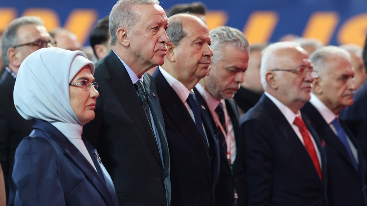 President Recep Tayyip Erdoğan and Turkish Republic of Northern Cyprus (TRNC) President Ersin Tatar (3rd L) attend a congress of the Justice and Development Party (AK Party), Ankara, Türkiye, Feb. 23, 2025. (AA Photo)